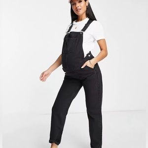 ASOS maternity black denim straight leg overalls with adjustable waist